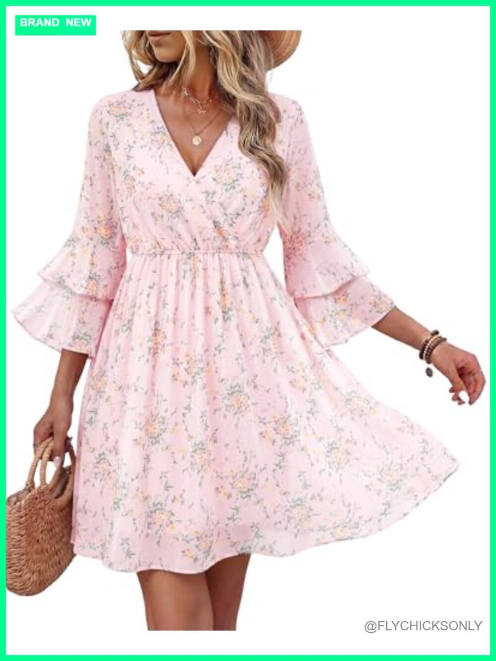 Ruffle Sleeve Flowy Chiffon Wrap V-Neck A-Line Dress